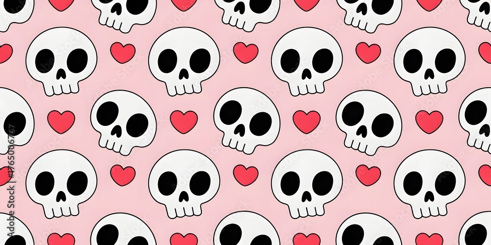 Cute cartoon skull and heart seamless pattern, light pink background, spooky, adorable design, Halloween, festive, decorative, fabric print, textile, wallpaper, creative digital art, vector.