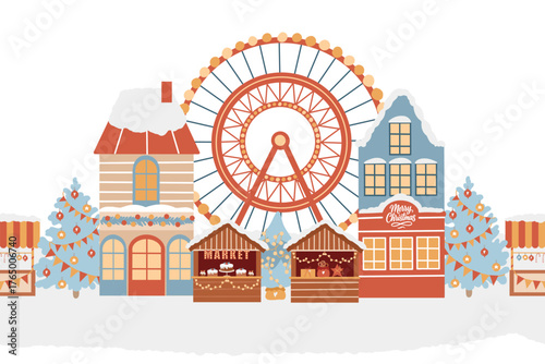 Seamless vector border. Winter amusement park, Christmas market, winter town, Christmas street. Christmas holiday fair, Ferris wheel, Christmas tree, winter houses. Hand-drawn flat illustration