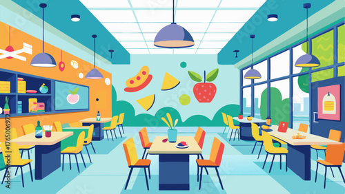 A bright and airy cafeteria with a variety of food options and walls adorned with student art.