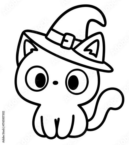 Witch Cat with Hat , Black Kitten Wearing Pointed Hat, Cute Magical Halloween Pet, Cartoon Familiar Sitting Calmly and Watching