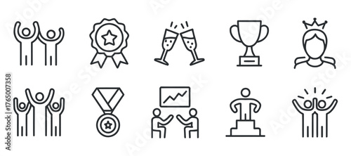 Outline Achievement Icons Set Success, Reward, Recognition, Teamwork, Leadership, Victory, Goal, Celebration