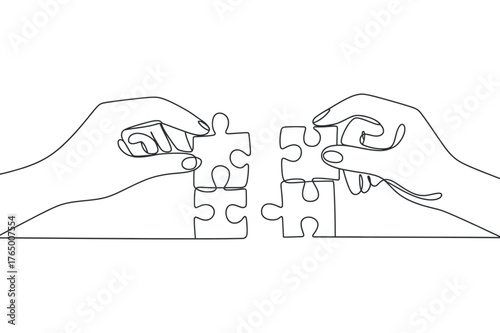 Concept of Unity Connection Teamwork with Two Hands Connecting Puzzle Pieces in One Continuous Line Art Drawing Style Illustration