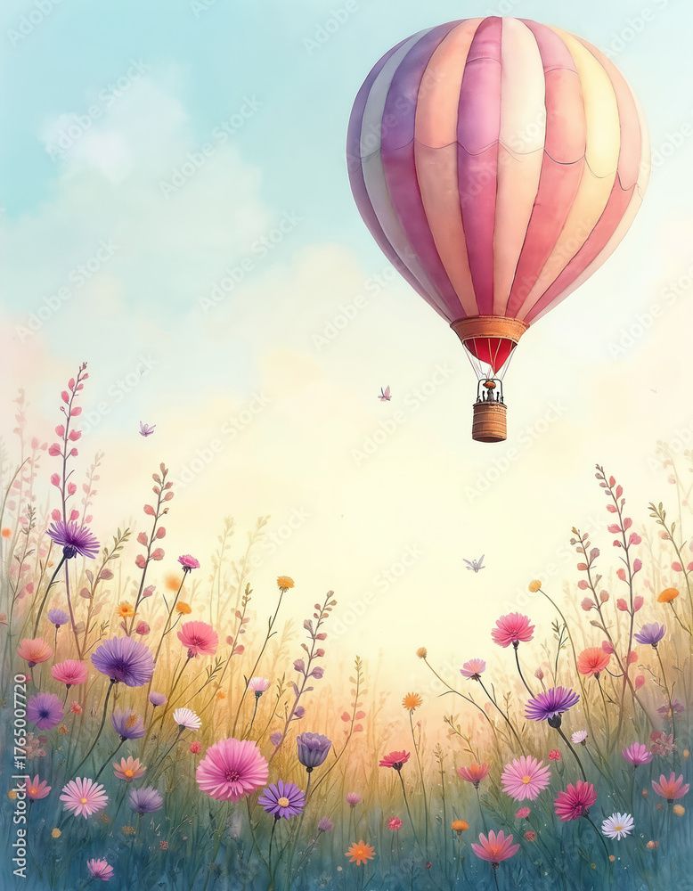 Obraz premium Hot air balloon floats above flower field during sunrise. Pastel colors paint sky and meadow. Delicate shadows and light create peaceful dawn atmosphere.