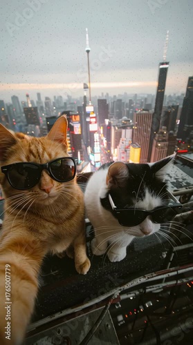Cats enjoy a sunny day in the city while posing for selfies with stylish sunglasses on a high rooftop