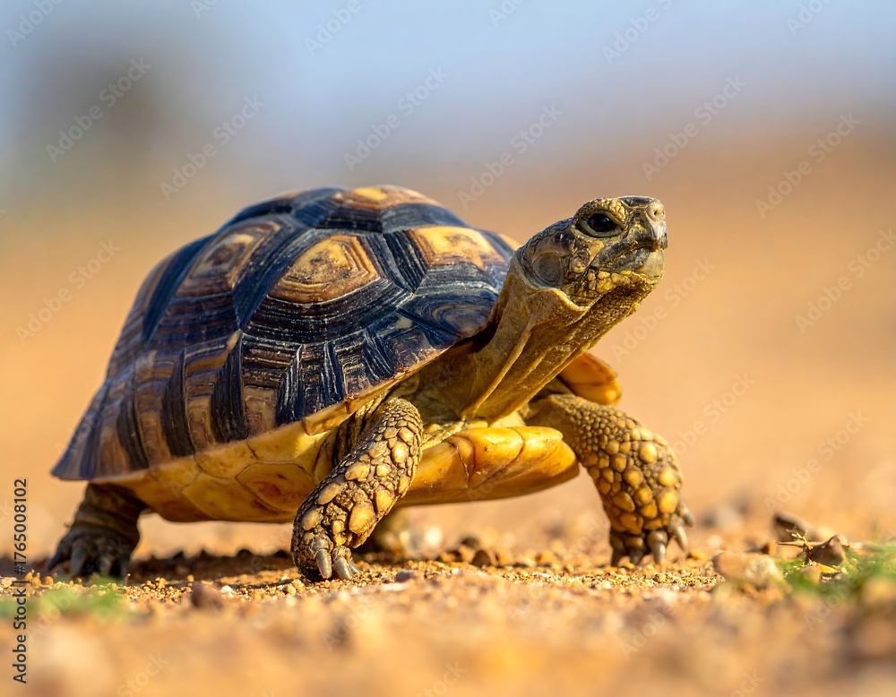 Obraz premium A close-up shot of a tortoise walking on a dusty path under a sunny, blue sky