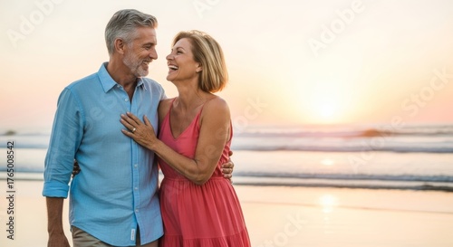 Happy senior couple walking and laughing together on the beach at sunset, golden hour lighting, candid moment, warm tones, lifestyle photography style