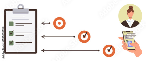 Clipboard checklist, progress arrows pointing to goals, and a user receiving mobile app notifications. Ideal for productivity, goal setting, organization, planning, workflow, task completion simple