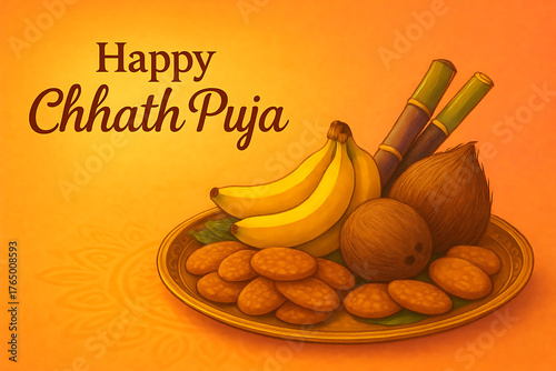 Prasad offering of thekua made from wheat flour, coconut, banana, and sugarcane on a large brass plate for chhath puja festival, happy chhath puja