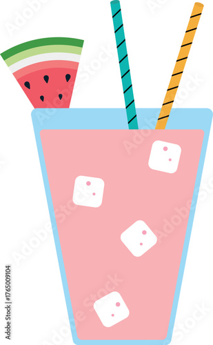 Summer pink drink with ice cubes, a watermelon slice, and two straws. Refreshing summer juice, smoothie, or milkshake. Isolated vector illustration on a transparent background.