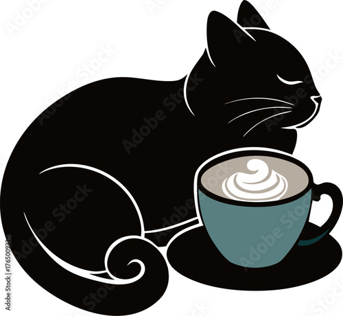 Cat sleeping beside cappuccino Silhouette  , white background