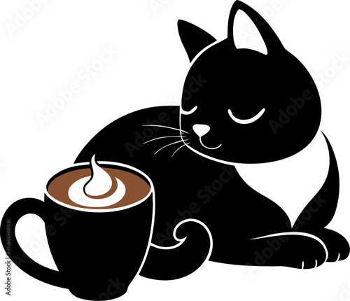  Cat sleeping beside cappuccino Silhouette  , white background 