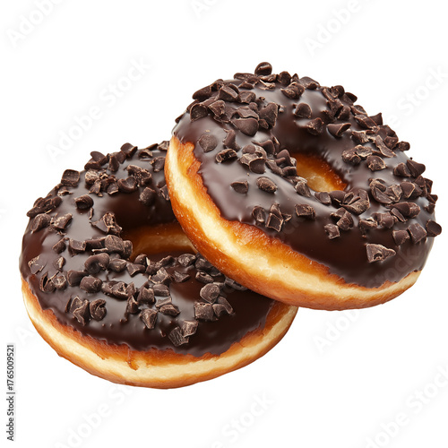 Donuts with chocolate chips placed on a bakery counter beside a cup of coffee on transparent png background. Ai generated