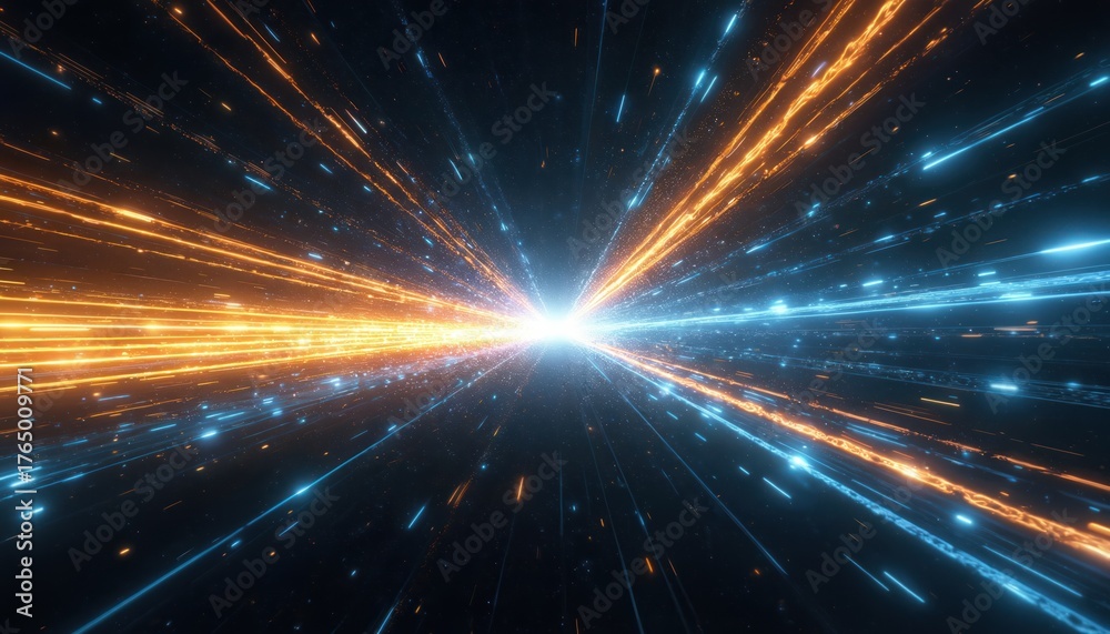 Naklejka premium Abstract visual effect bright orange, blue light trails moving at extreme speed toward central luminous point. Energetic graphic represents warp speed hyperspace travel in deep space, suggesting