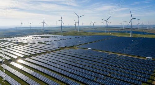 Aerial drone view of a large solar energy farm with wind turbines in the background, bright sunlight, clean energy landscape, eco-friendly technology, realistic detail