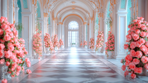 Palace Interior Background. Wedding Interior. Corridor of  Luxury Palace decoreted with pink rose flowers
