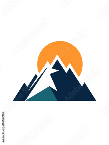 Stylized geometric mountain range silhouette with a bright orange sun setting behind the peaks