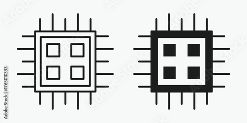 Nano chip icon in outline and solid style on gray background. Modern vector concept for micro technology, processor, electronic circuit, and digital innovation design.