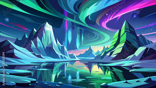 Very beautiful Arctic fjord glowing under the Northern Lights, its icy surface reflecting green and violet auroras in a breathtaking night scene in Norway.