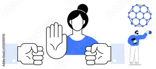 Woman raising hand to halt two clenched fists, small scientist analyzing molecular structure. Ideal for conflict resolution, communication, leadership, teamwork, science, decision-making, equality