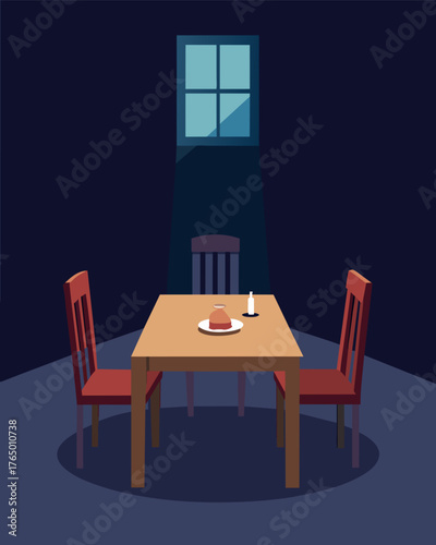 A family dinner table with one chair noticeably empty the person who should be sitting there feeling isolated and alone.. Vector illustration