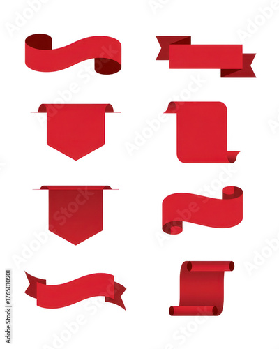 Set of eight red banners with diverse ribbon shapes decorative elements for design projects transparent background.