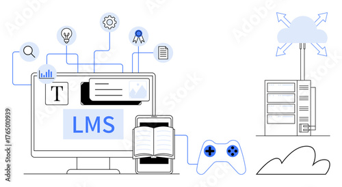 Computer screen with LMS interface, book, gaming controller, cloud server, and connected icons. Ideal for e-learning, education, online training, gamification remote learning cloud computing