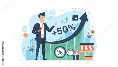 Dynamic illustration of a smiling businessman pointing to a rising graph indicating a 50% increase, symbolizing business growth, investment success, and financial profit, with shopping carts, a