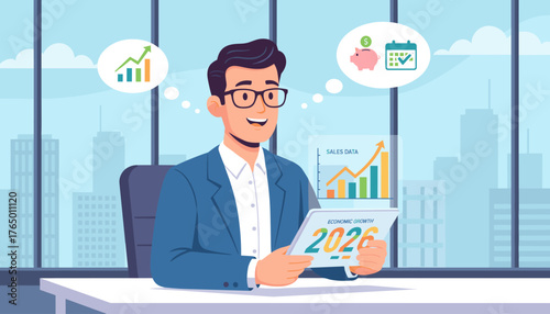 Optimistic businessman in a blue suit and glasses sits at a desk, holding a tablet displaying "Economic Growth 2026" and looking at a sales data chart with rising bars and an upward arrow