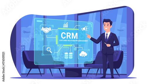 A smiling businessman in a dark suit presents a holographic interface displaying the CRM Customer Relationship Management system, featuring icons for handshake, search, database, cloud upload, and