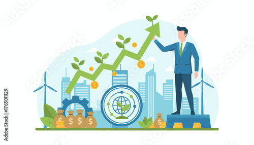 A businessman in a blue suit stands on a platform, holding a green upward-trending graph with growing plants, symbolizing financial growth and sustainable development, surrounded by wind turbines