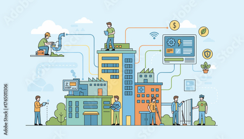 Modern facility management concept with interconnected buildings, workers performing tasks like plumbing, cleaning, and security, and digital interfaces displaying data, representing smart city