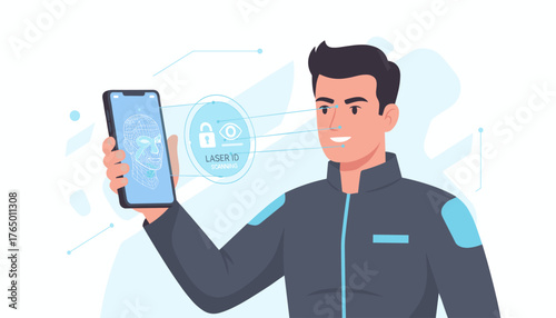 Modern man holding a smartphone for facial recognition scanning with laser technology, showcasing biometric identification and security features, conceptual illustration of advanced technology and