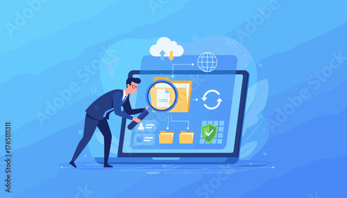 Business professional examining digital files on a laptop screen with a magnifying glass, illustrating data management, document archive, cloud storage, and cybersecurity concepts with icons for