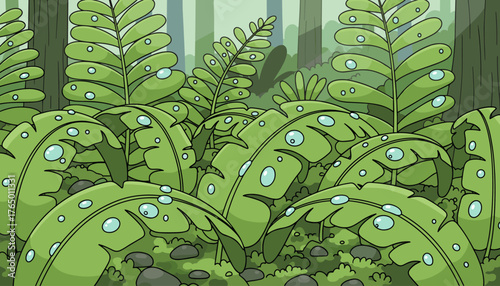 Vibrant, lush green fern leaves glistening with fresh water droplets, set against a soft, muted forest background with tall trees and dappled sunlight, evoking a sense of natural beauty and
