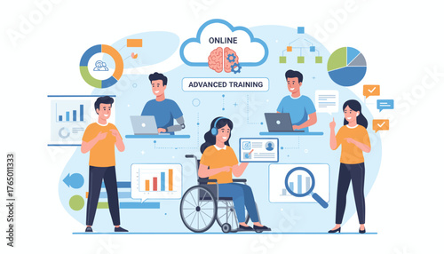 Diverse group of employees participating in online advanced training, including individuals with disabilities and prosthetic limbs, utilizing laptops and charts to illustrate learning and