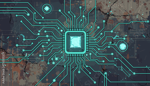 Vibrant cyan electronic circuit board with glowing central processor and interconnected nodes, set against a distressed, cracked, and textured background, symbolizing advanced technology and digital