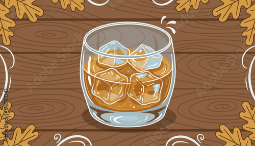 A close-up illustration of a glass of whiskey with ice cubes, set against a rustic wooden background, adorned with autumn leaves and decorative swirls, evoking a cozy and sophisticated atmosphere