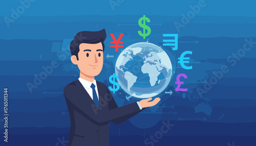 Global currency exchange concept, businessman holding a glowing earth globe with various currency symbols like dollar, euro, yen, and pound floating around, representing international finance and