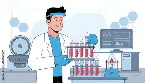 A smiling scientist in a lab coat and face shield holds a rack of test tubes filled with red liquid, surrounded by scientific equipment including a centrifuge, a Bunsen burner, and a computer