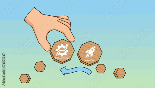 Conceptual illustration of a hand placing a hexagonal wooden block with a gear and upward arrow icon symbolizing business strategy next to another block with a rocket icon representing action plan
