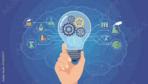 Hand holding a light bulb filled with gears and a brain, symbolizing innovation, ideas, and technology, connected to various industry and science icons like factories, robots, and test tubes, against