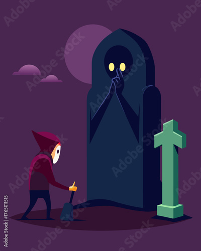 A dark figure looms beside a solitary grave whispering secrets to the deceased soul within.. Vector illustration