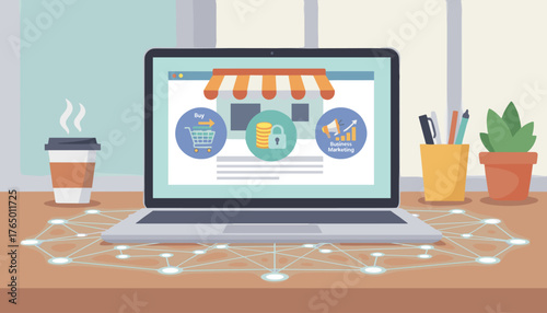 Online shopping concept with an open laptop displaying a digital storefront, shopping cart, secure transaction icon, and business marketing graph, symbolizing e-commerce and digital business growth
