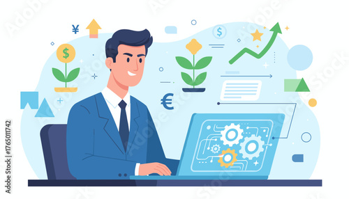 Business professional in a suit working on a laptop, symbolizing process management and optimization, with financial growth charts, currency symbols, and gears representing operational efficiency and
