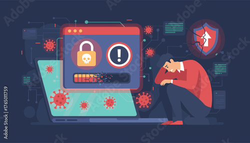 Cybersecurity threat: A distressed businessman reacts to a ransomware malware attack and data breach, with a cracked shield and virus icons symbolizing digital danger and system failure on a laptop