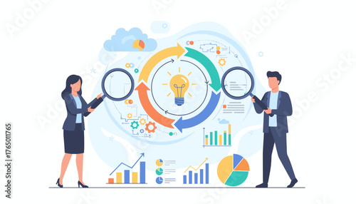 Business professionals examining data and charts with magnifying glasses, symbolizing research, analysis, and insight generation, centered around a bright idea lightbulb within a circular process