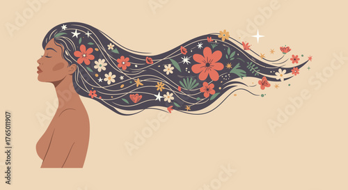 A stylish silhouette illustration of a woman on the beach with flower in her hair during a holiday is a perfect vector design for fashion and beauty projects