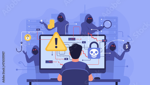 Cybersecurity threat concept illustration: A person at a computer is targeted by hackers represented by hooded figures, with symbols of danger like a caution triangle, a skull padlock, a fishing