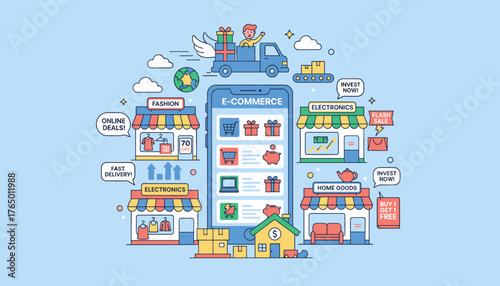 Vibrant flat-style vector illustration depicting a dynamic e-commerce ecosystem with various shops like fashion, electronics, and home goods, all accessible via a smartphone, symbolizing online