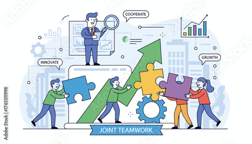 Vivid vector illustration depicting joint teamwork in a company, with people assembling puzzle pieces to symbolize collaboration, innovation, and growth, set against a backdrop of city buildings and